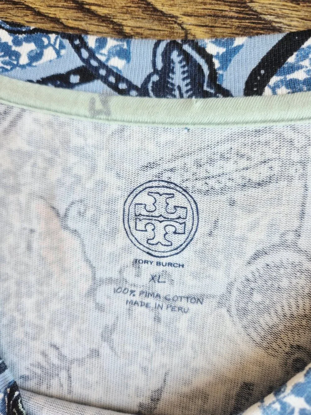 Tory Burch Floral Dropwaist Drawstring Dress Short Sleeve Blue Knit Pima Cotton